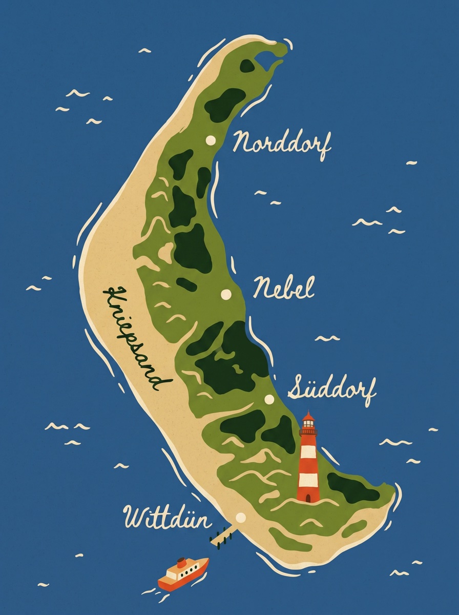 Illustrierte Karte von Amrum mit Norddorf, Nebel, Süddorf, Wittdün und dem Leuchtturm