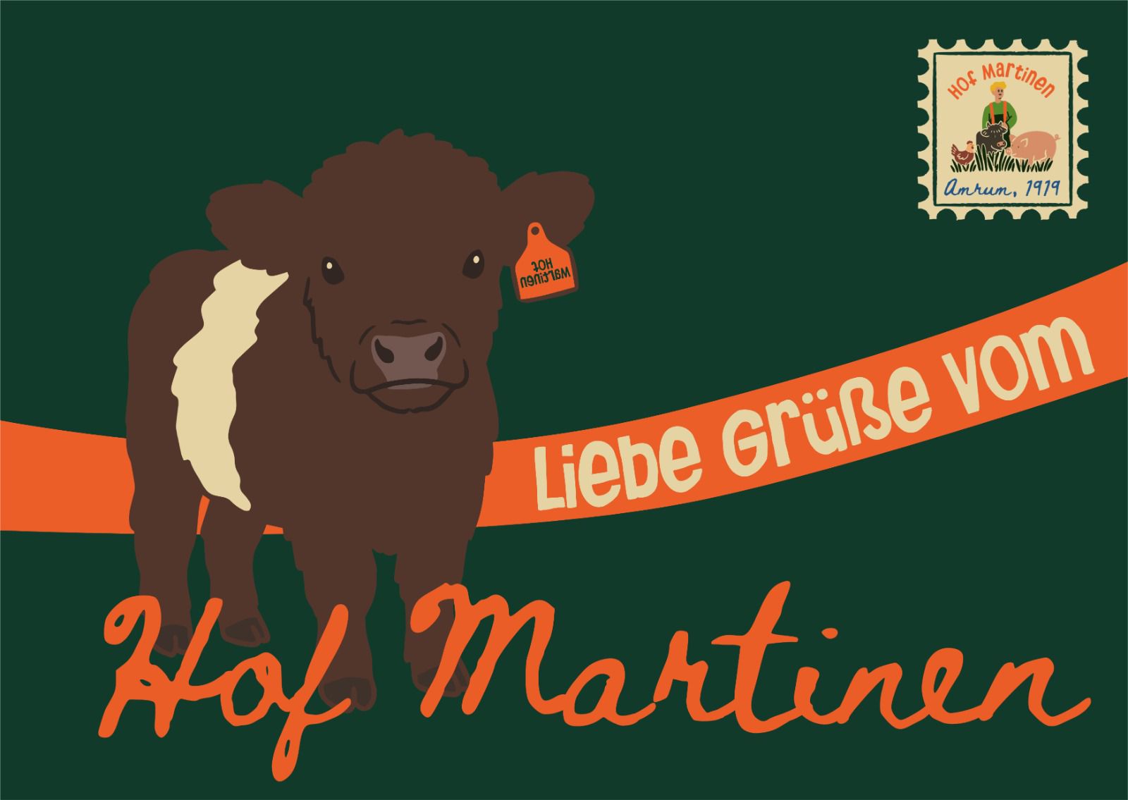 Postkarte vom Hof Martinen mit Galloway-Kalb